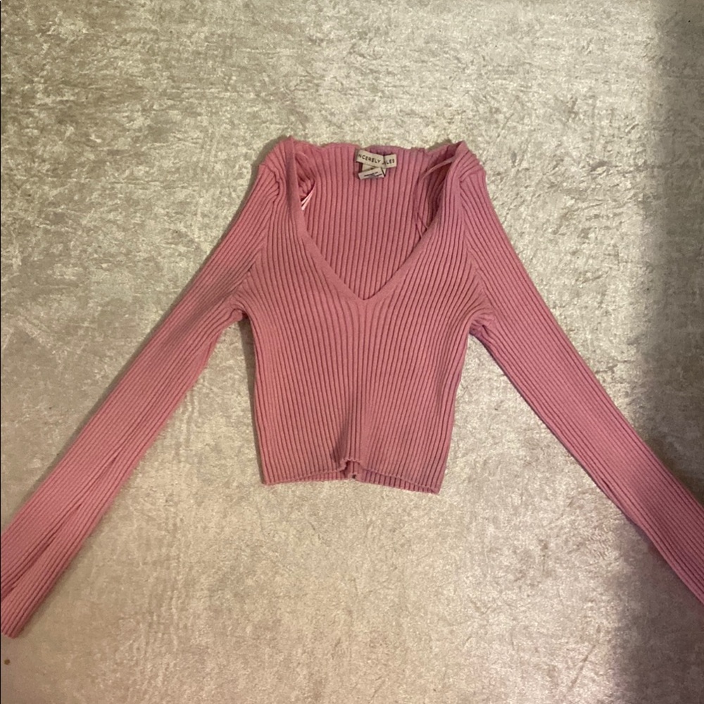 Pink Ribbed V-Neck Long Sleeve Top